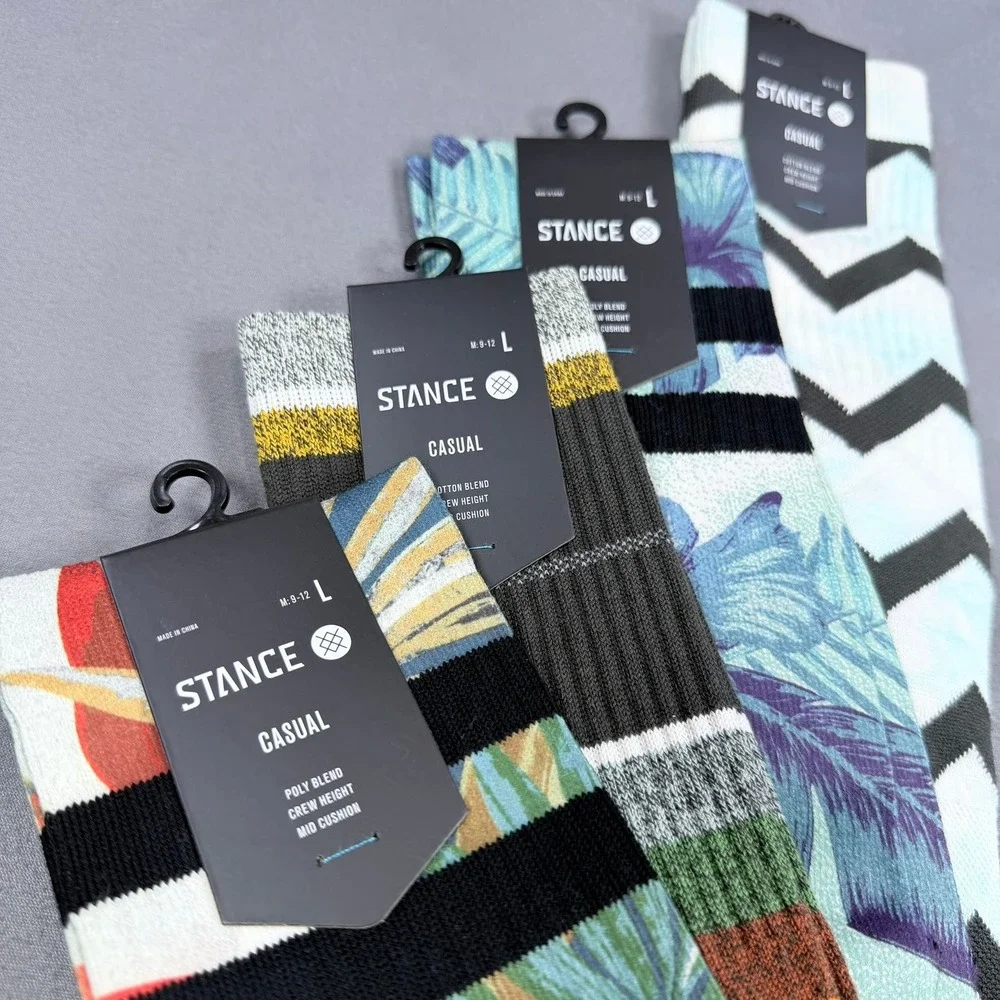 Stance Mens L Multi Cotton Poly Casual Crew Socks 4 Pair Tropical Stripe Chevron